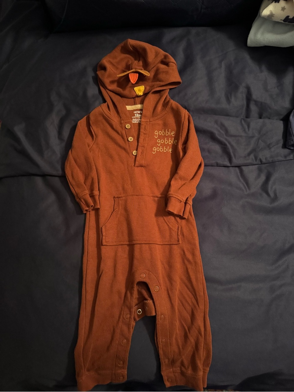 Carter's Rust Hooded One-Piece Footie with 'gobble' Embroidery